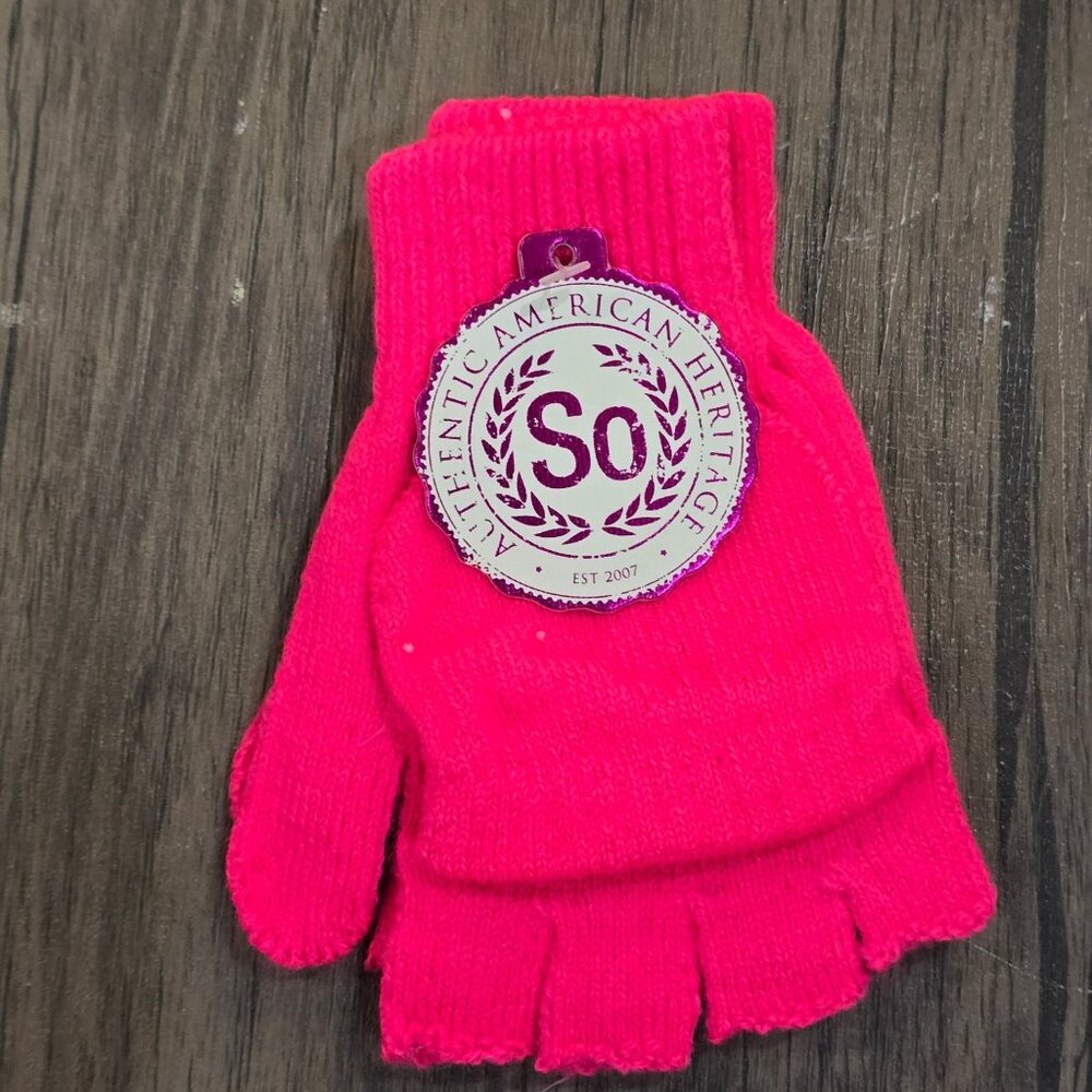 SO Kids Pink Knit Beanie Fingerless Gloves Mitten Flap Set Pom Pom NWT Age 4-7 - Picture 4 of 11
